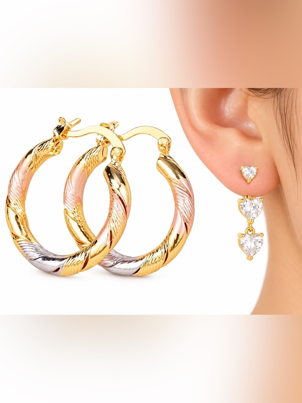 2-Pair Earring Set – Tri-Tone Twist Hoops & Heart Crystal Dangle Earrings